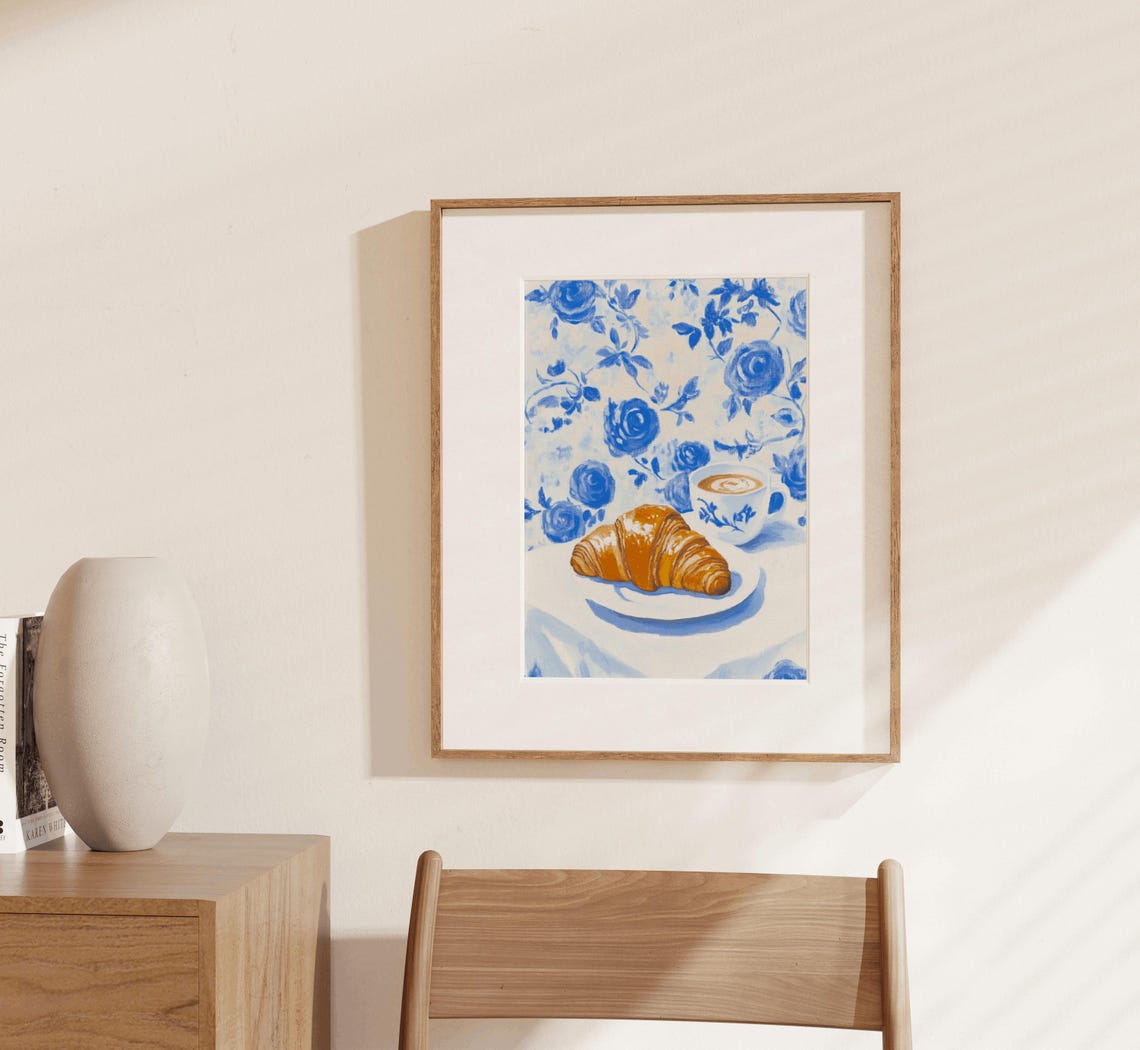 Croissant Coffee Blue Floral Chinoiserie Kitchen Breakfast Poster - Image 3