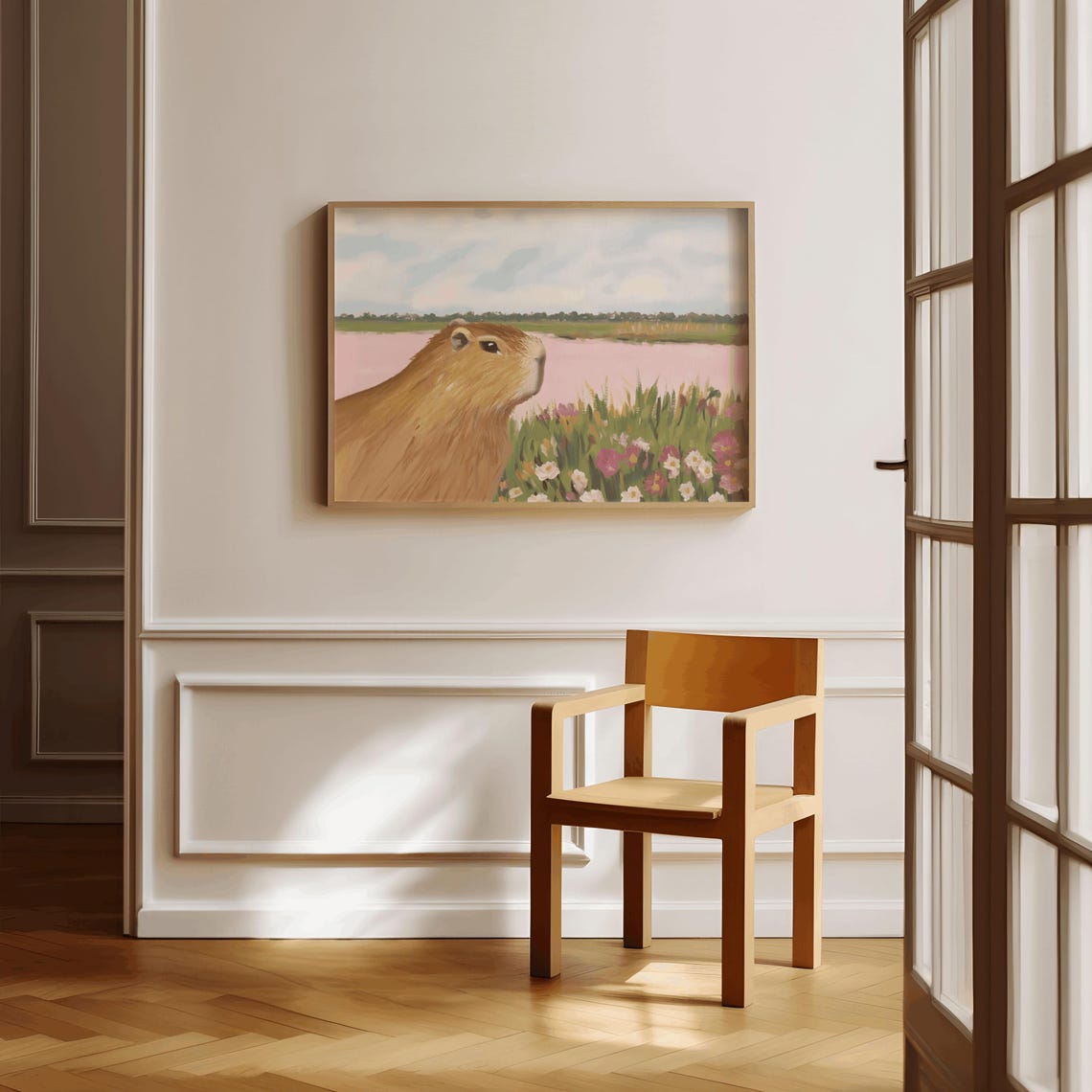 Capybara Relaxing Among Pink Wildflowers Marsh Landscape Poster - Image 2