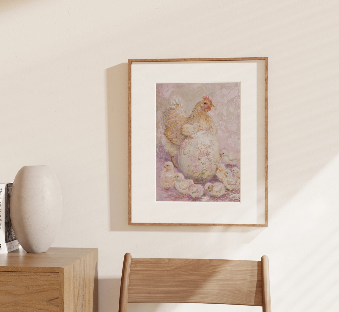 Hen with Baby Chicks and Floral Easter Egg Farmhouse Art Print - Image 4