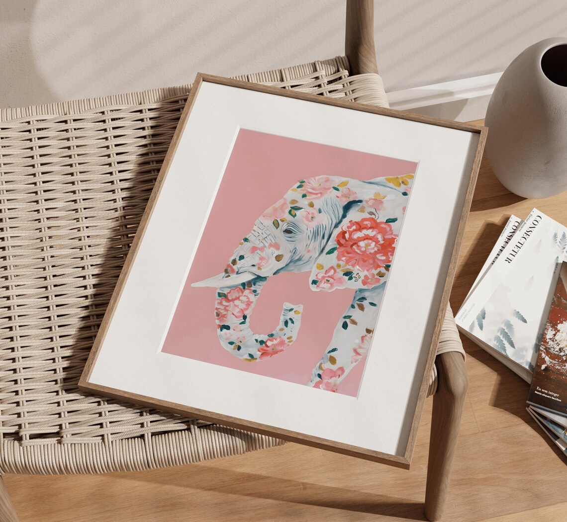 Floral Chinoiserie Elephant Portrait On Pink Background Poster
