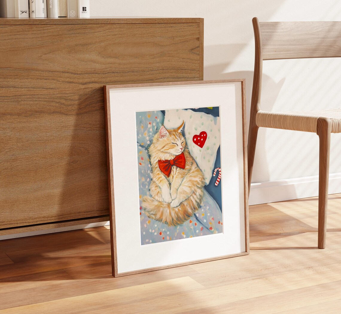 Sleeping Winter Ginger Tabby Cat With Red Bow Cozy Cat Art Print Whimsical Sleeping Cat Wall Art Cute Pet Portrait Cat Lover Gift - Image 3