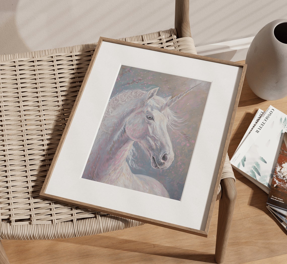White Unicorn Head Pastel Portrait Magical Fantasy Art Print