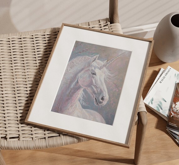 White Unicorn Head Pastel Portrait Magical Fantasy Art Print