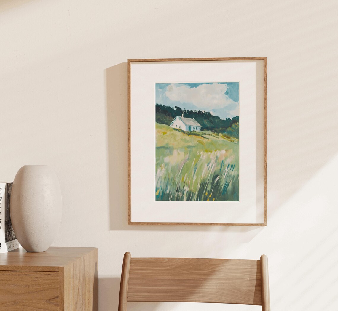 Farmhouse In Meadow Painting White Cottage Countryside Art Poster - Image 3