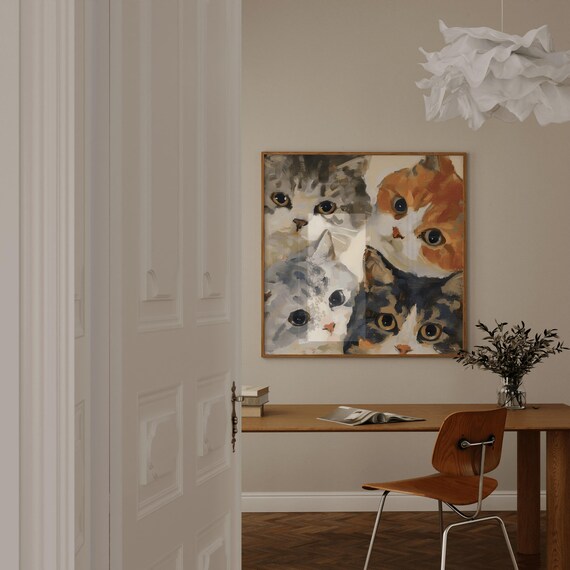Four Adorable Kitty Faces Watercolor Close Up Portrait Poster