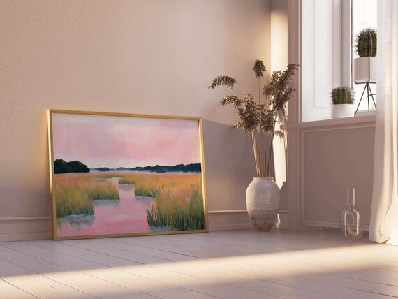 Pink Marsh Sunset Wetland Landscape Pastel Coastal Art Print
