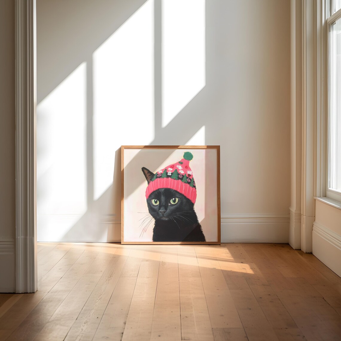 Black Cat Wearing Knit Christmas Beanie Cute Holiday Art Poster - Image 3