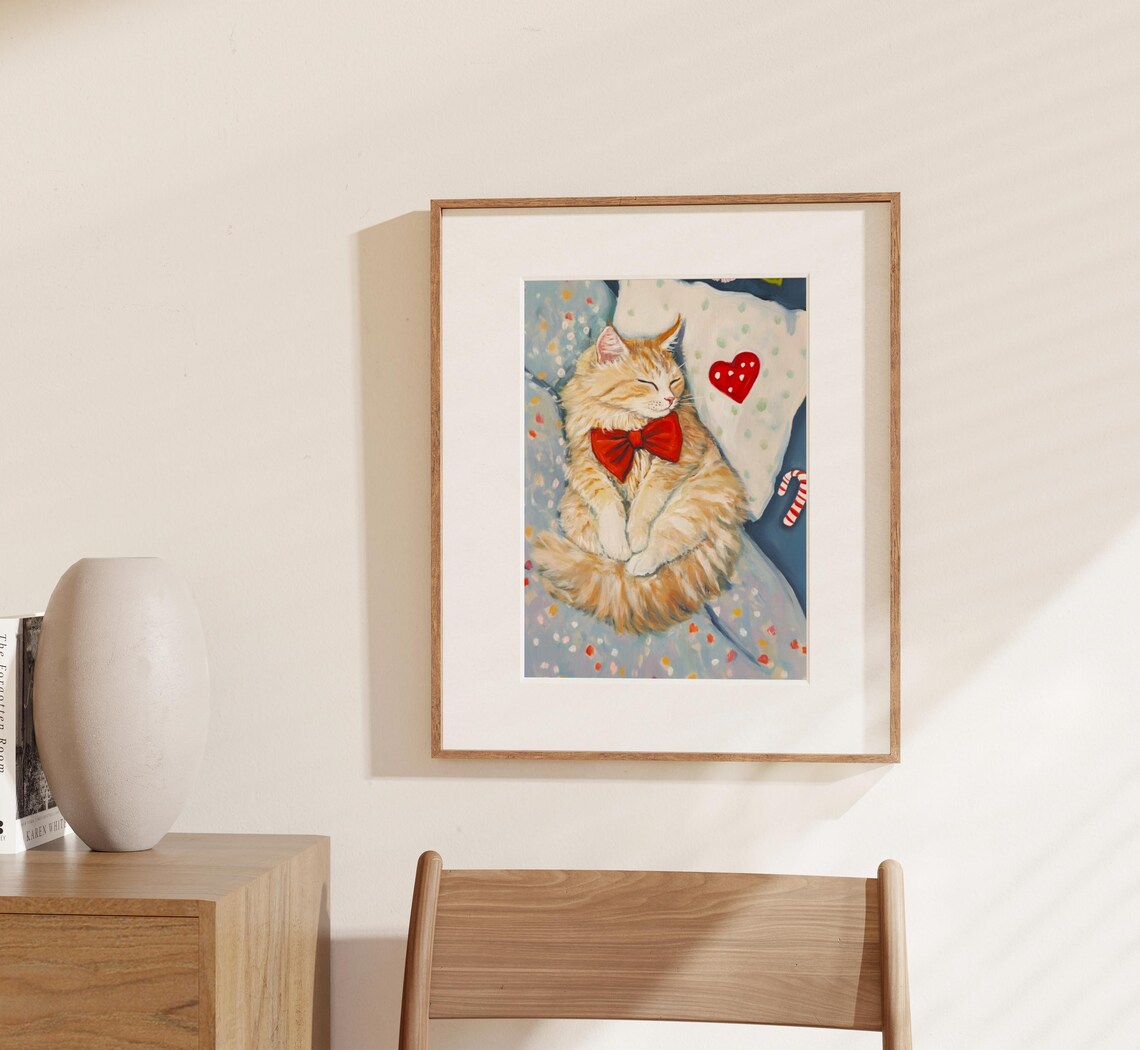 Sleeping Winter Ginger Tabby Cat With Red Bow Cozy Cat Art Print Whimsical Sleeping Cat Wall Art Cute Pet Portrait Cat Lover Gift - Image 2