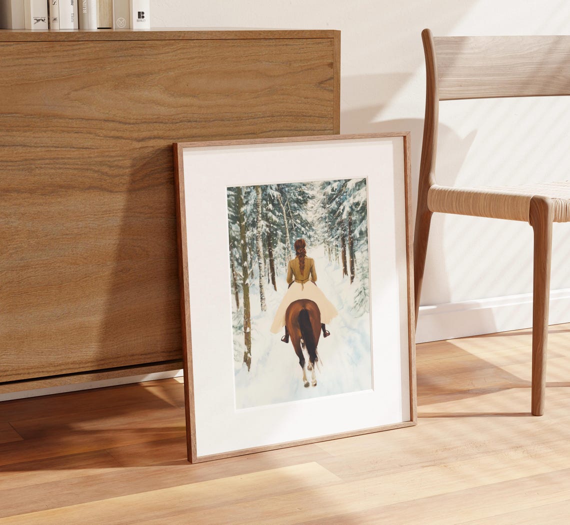 Woman Horseback Riding Snowy Forest Winter Trail Scene Poster - Image 2