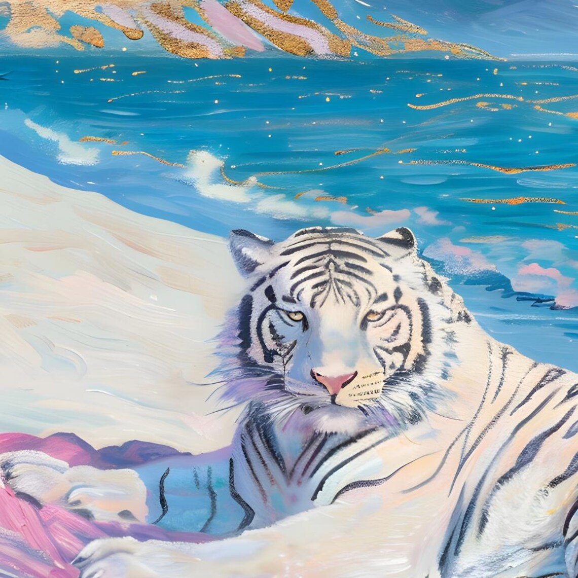 White Albino Tiger Retro Preppy Maximalist Art Print - Image 2