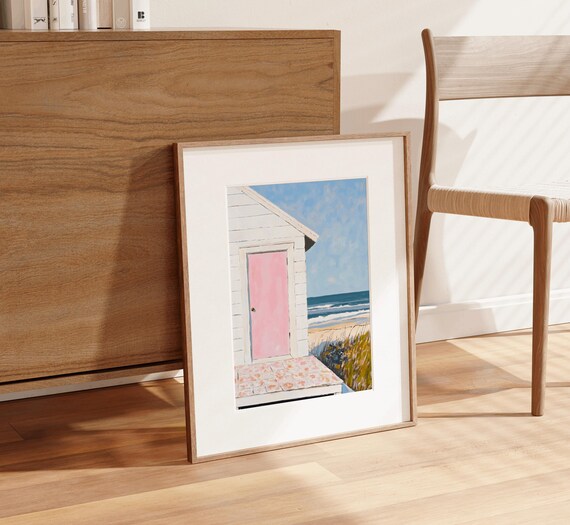 White Cottage Pink Door Floral Porch Coastal Ocean Watercolor Print