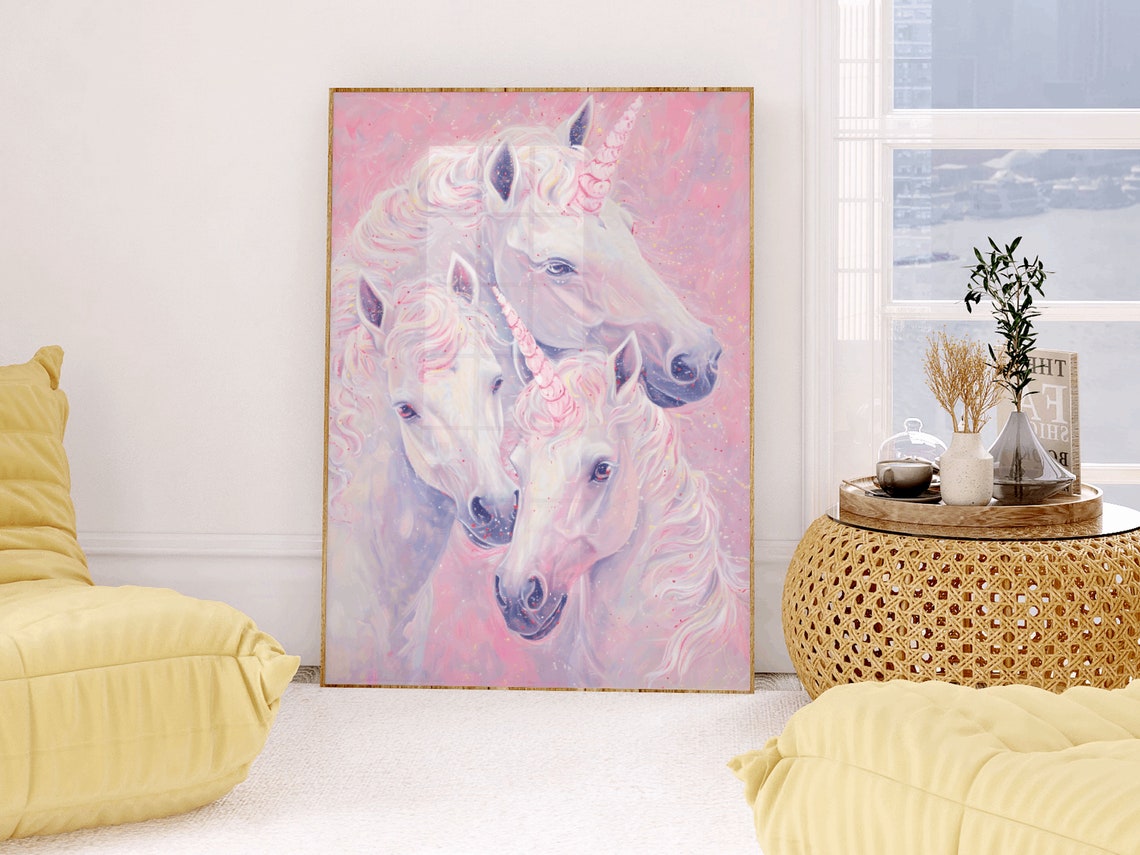 Three White Unicorns Pastel Portrait Dreamy Fantasy Art Print - Image 2