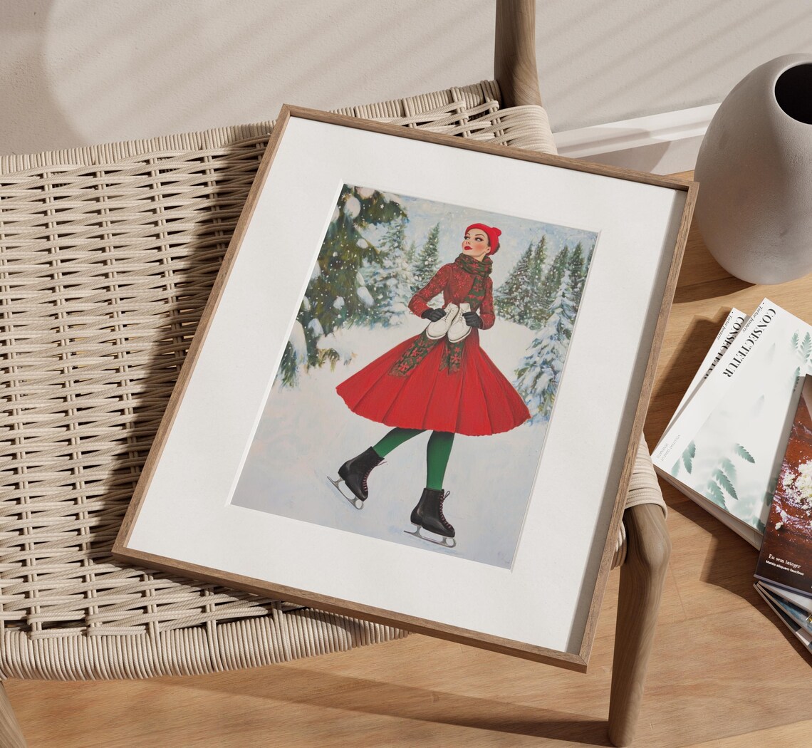 Elegant Woman Red Dress Ice Skating Snowy Pines Winter Poster - Image 3