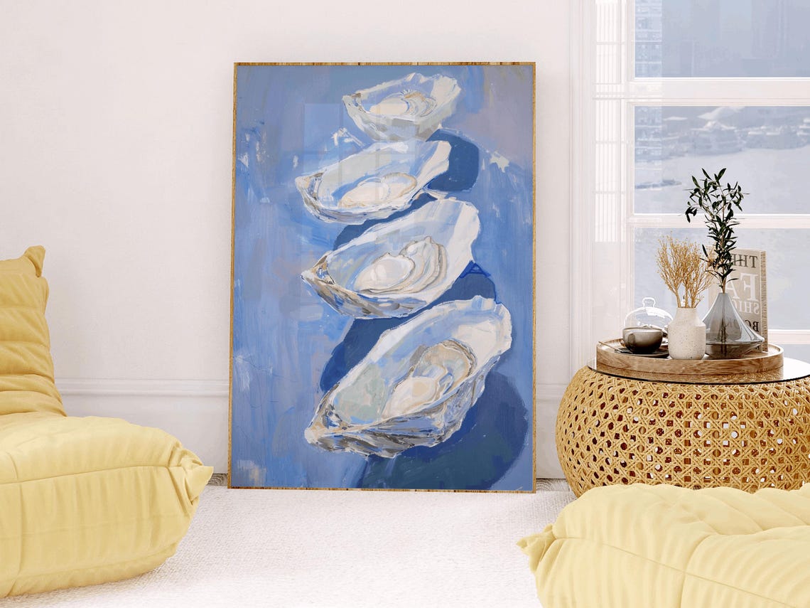 Four Stacked White Oyster Shells Deep Blue Background Poster