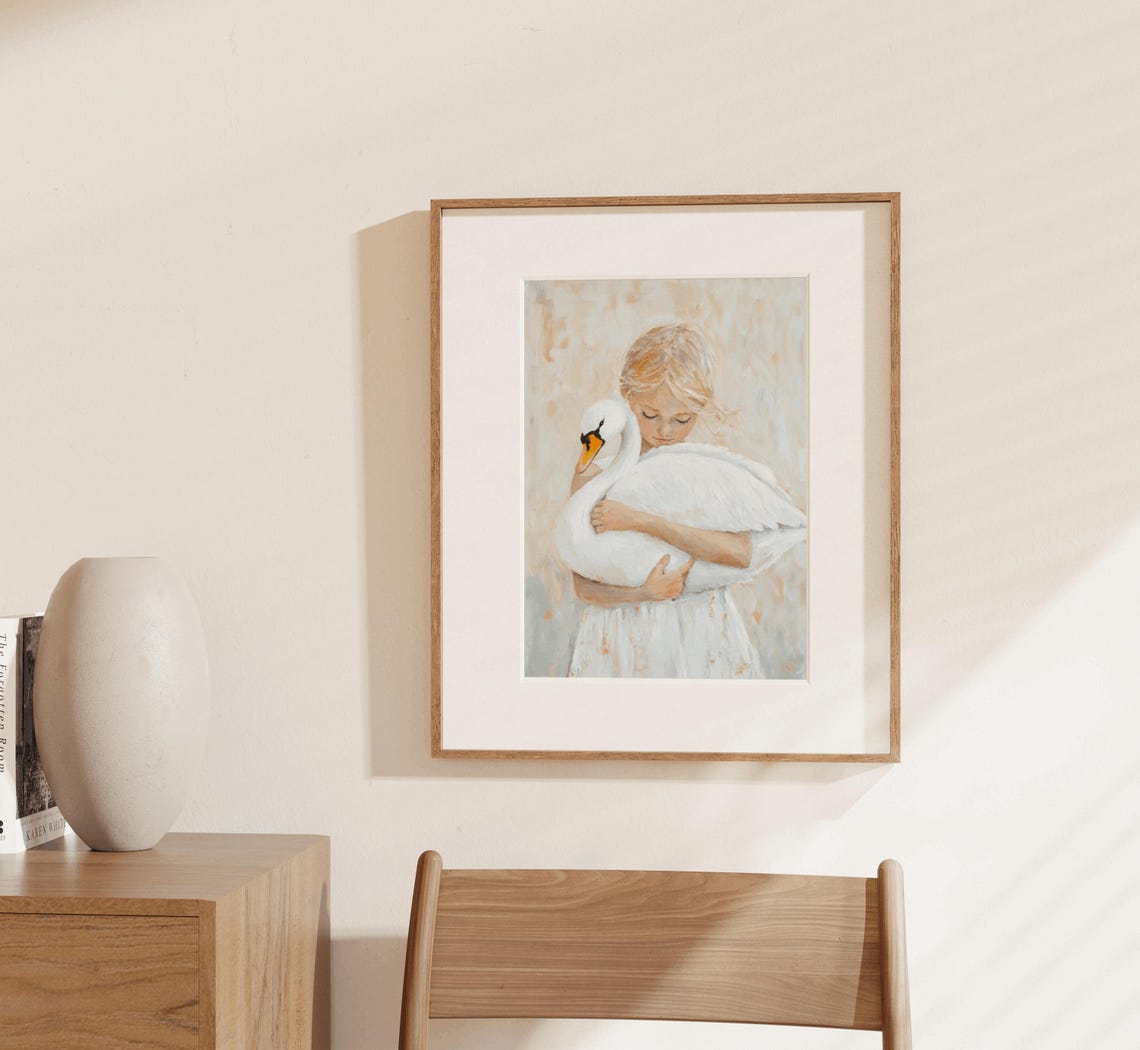 Girl Hugging White Swan Soft Neutral Watercolor Nursery Poster - Image 3