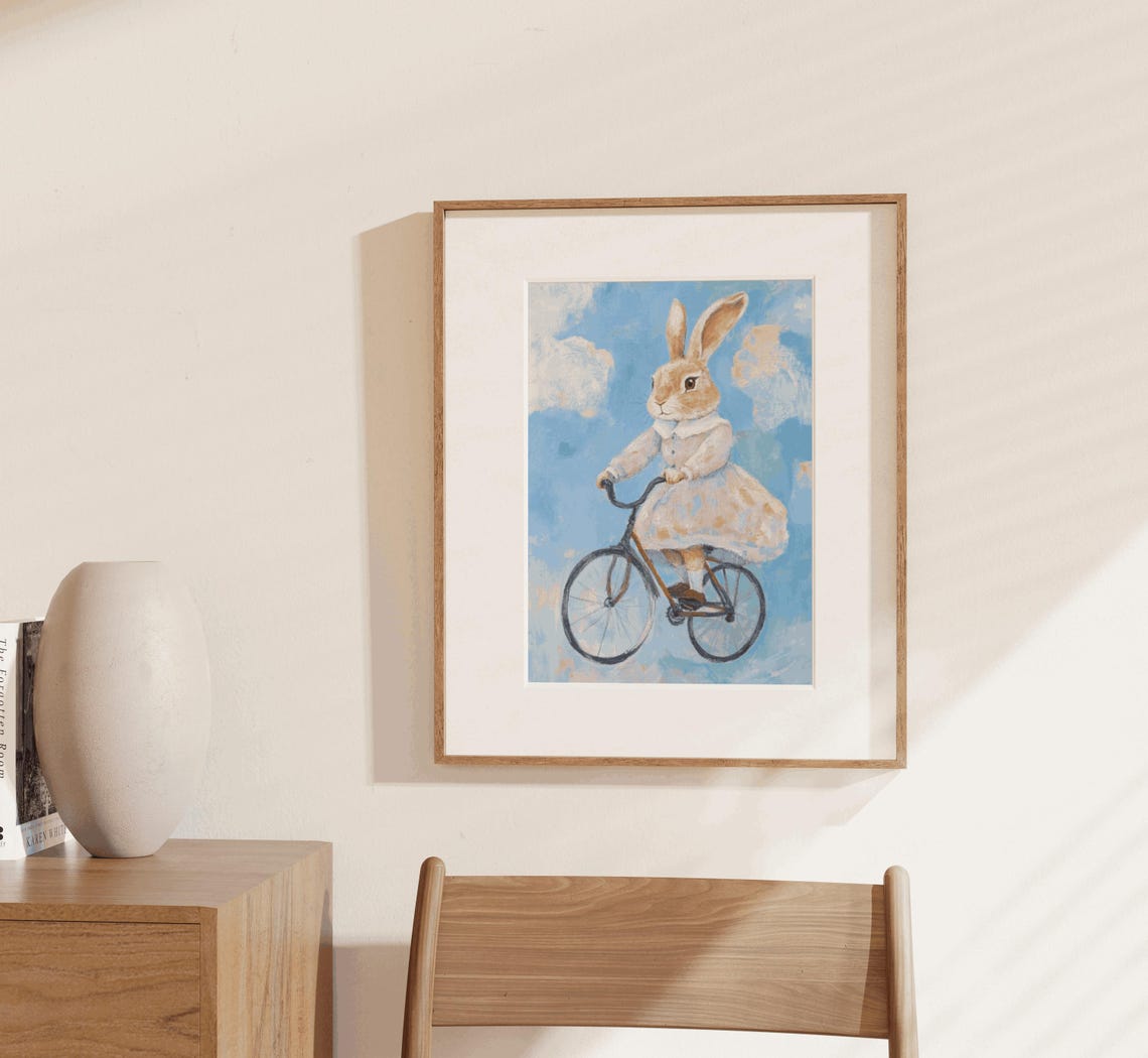 Sweet Bunny Rabbit Riding Bicycle Vintage Blue Sky Nursery Poster - Image 3