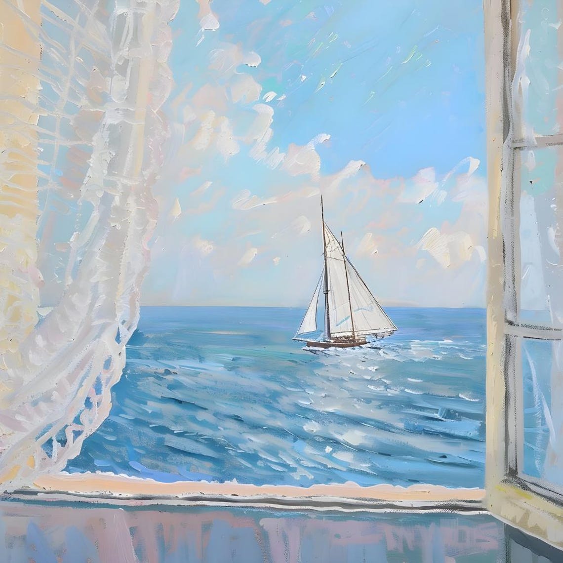 Open Window with Sailboat View on Blue Sea Coastal Art Print - Image 2