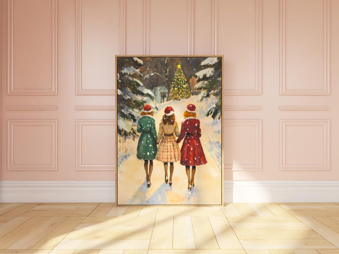 Three Friends Walking Snow Christmas Tree Vintage Painting Poster