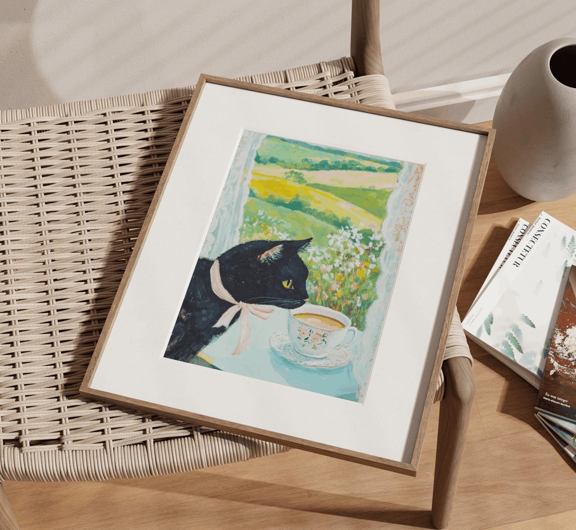 Black Cat Pink Bow Smelling Tea Cup Window Garden Scene Poster