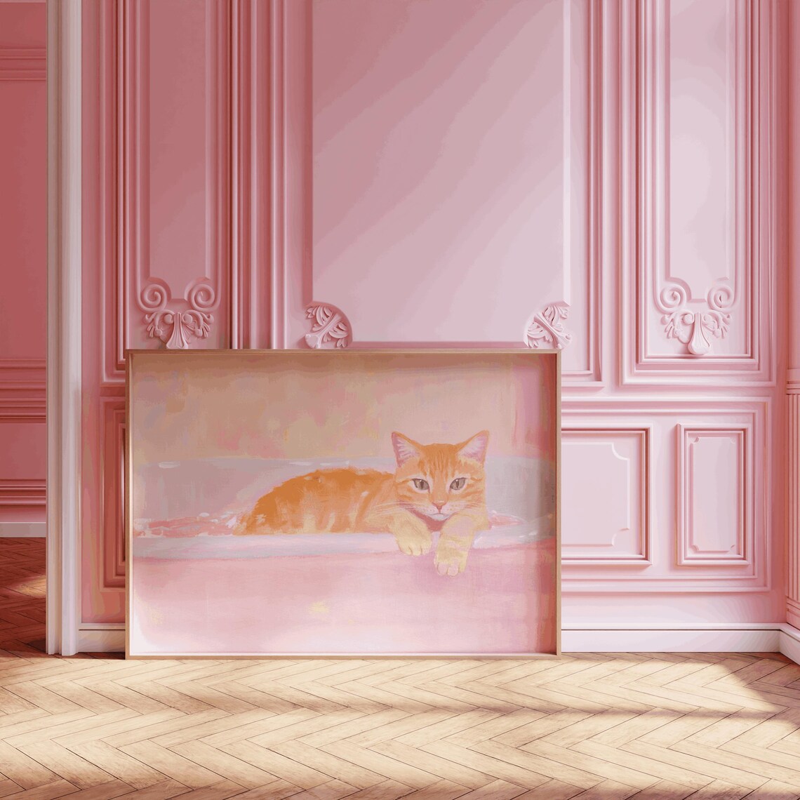 Orange Ginger Cat Bathroom Bathtub Art Print