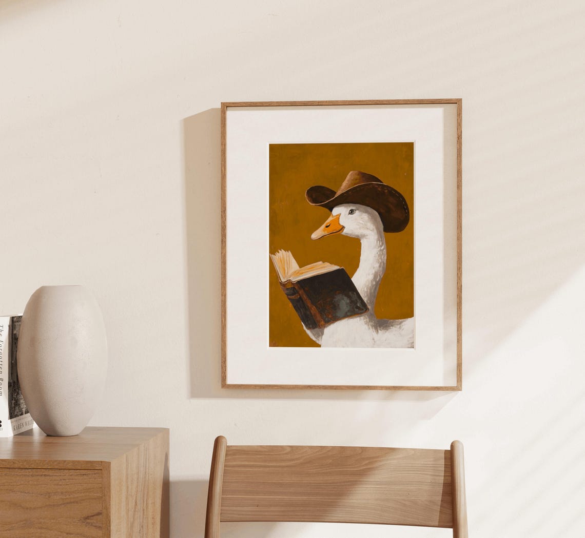 Cowboy Goose Reading Book Western Whimsical Watercolor Wall Art - Image 3