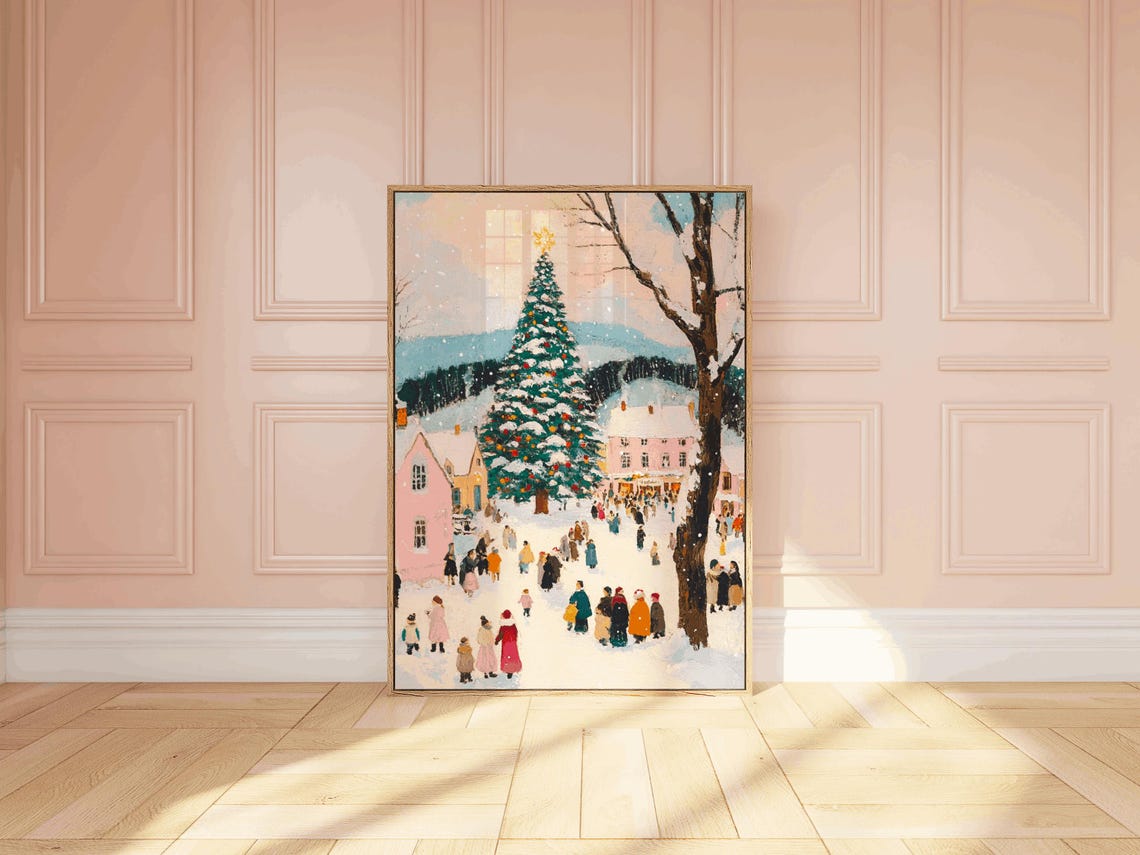 Winter Village Festival Crowd Around Giant Christmas Tree Poster