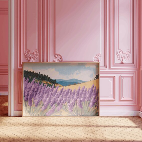 Lavender Field Painting Purple Bloom Hillside Landscape Poster
