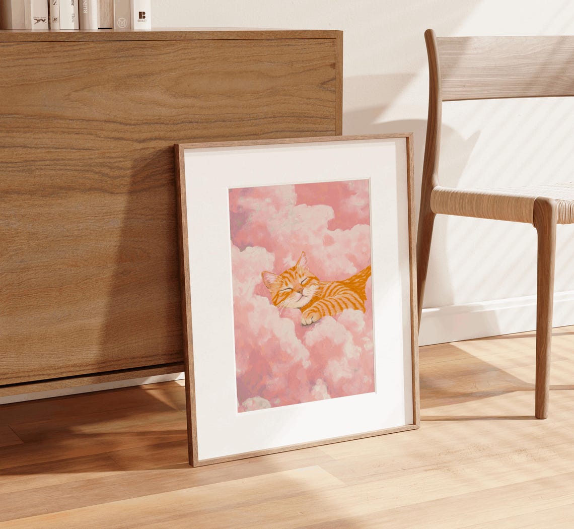 Ginger Tabby Cat Sleeping Pink Clouds Dreamy Watercolor Wall Art