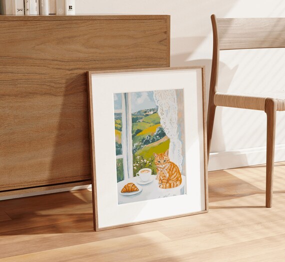 Orange Tabby Cat Cafe Coffee Croissant Cozy Watercolor Art Print