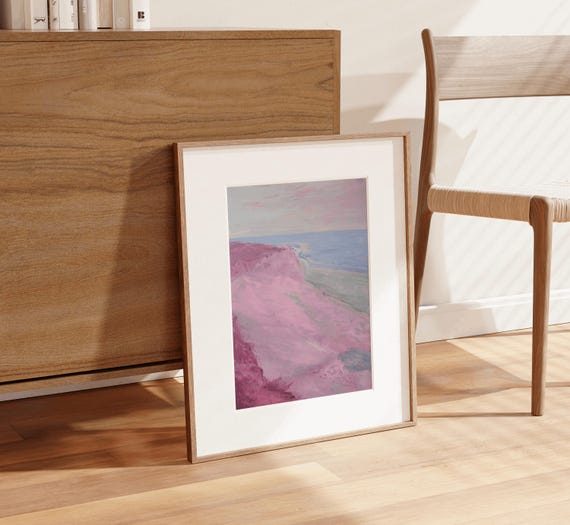 Pink Costal Cliff Beachy Wall Art Moody Beach Painting Summer Ocean Print Girly Decor Oversized Wall Art Blue Moody Summer Prints