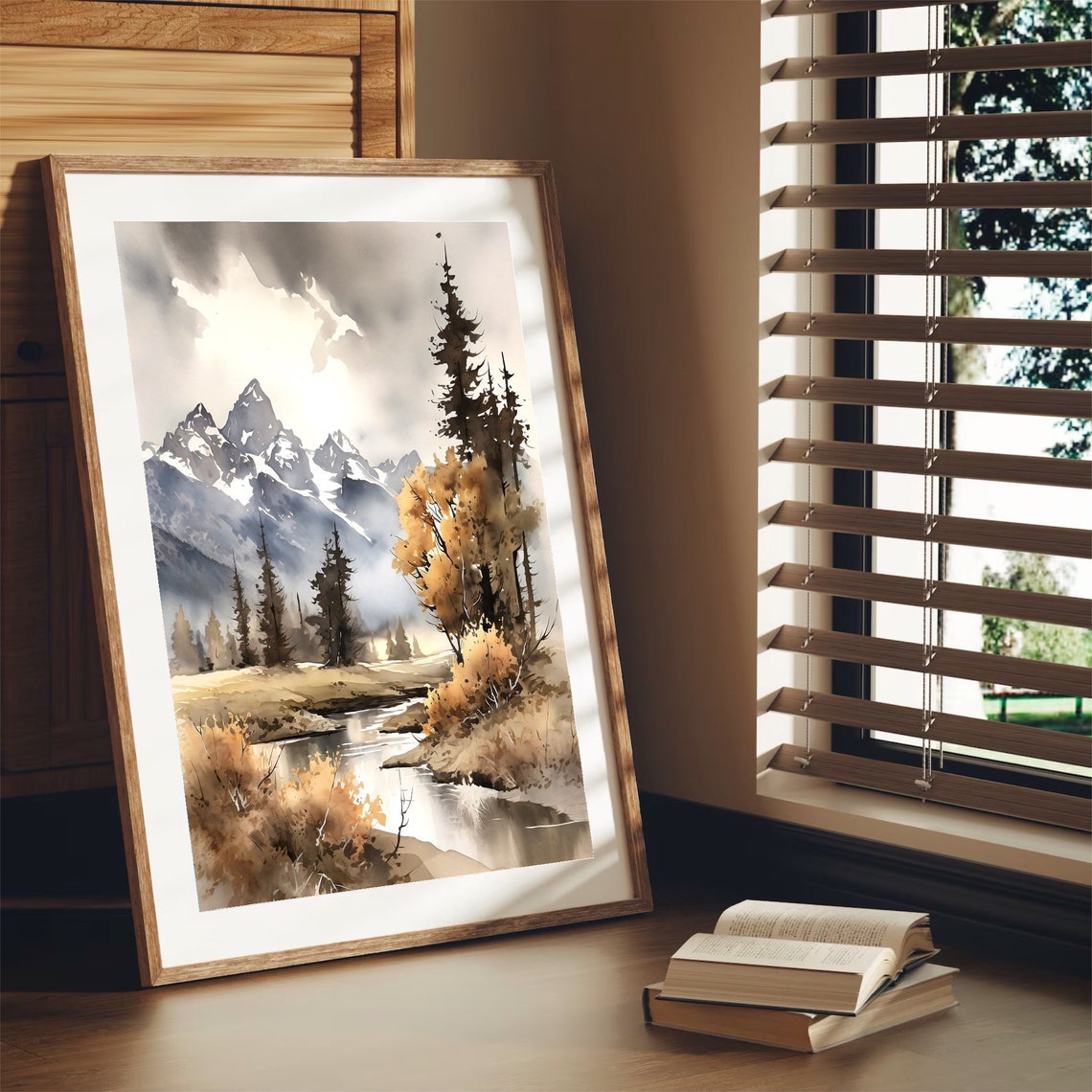 Grand Teton Snowy Peaks Autumn Stream Wilderness Watercolor Poster - Image 3