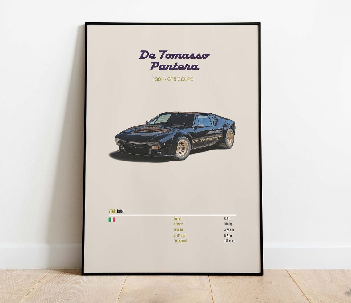 De Tomaso Pantera 1984 GT5 Coupe Black Classic Car Spec Poster