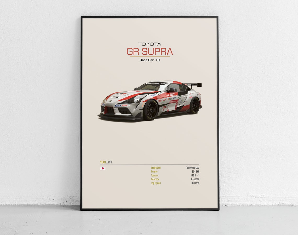 Toyota GR Supra Race Car Spec Sheet Poster in Red and White Livery - Image 2