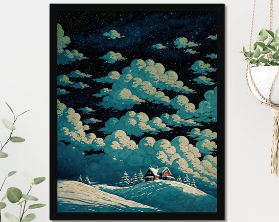 Snowy Mountain Cabin Art Print Winter Mountains Cute Illustration Pastel Blue Scenary Painting Arctic Wilderness Decor Winter Snow Cabin