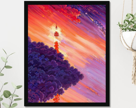 Pastel Rocket Liftoff Print Perfect For Boys Room Dreamworld Clouds Baby Room Art Unique Spaceship Print Cute Journey Art For Teens