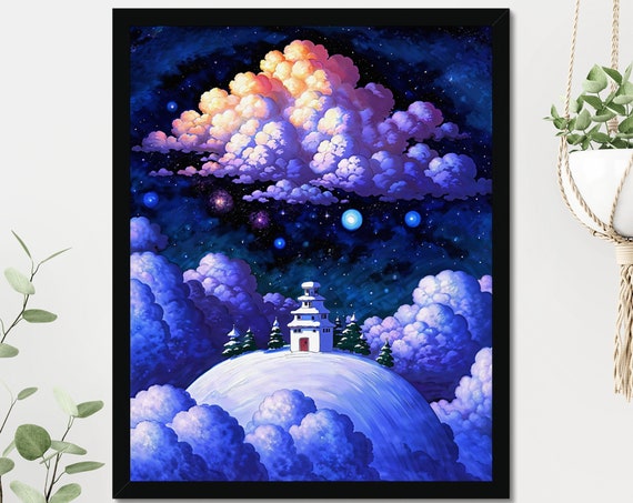 Cute Little Snow Cabin Kids Dream World Art Beautiful Fluffy Clouds Sky Kids Room Decor Baby Room Winter Night Stars And Moon Art Print