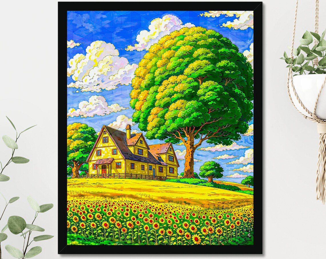 Vibrant Colour Farmhouse Illustration Wall Art Colorful Anime Style House Prints Sunflowers Field Happy Summer Day Poster Art For Kids