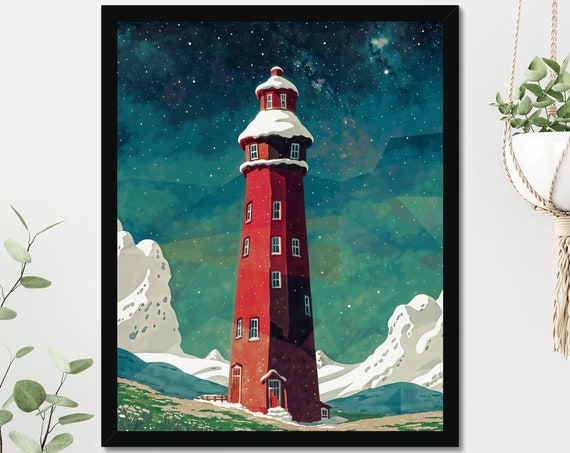 Colorful Whimsical Lighthouse Print Wall Art Poster Nautical Navy Illustration Print Gift For Sailor Unique Ocean Wall Art Scenary Art