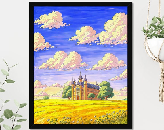 Cute Little Kingdom Art Fluffy Clouds Art Beautiful Blue Sky Kids Room Decor Baby Room Print Colorful Nature Art Print Princess Castle