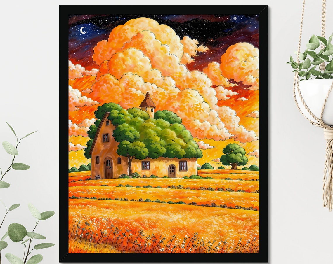 Orange Farmland House Fluffy Clouds Art Beautiful Sunset Sky Kids Room Decor Baby Room Farmhouse Colorful Stars And Nature Art Print