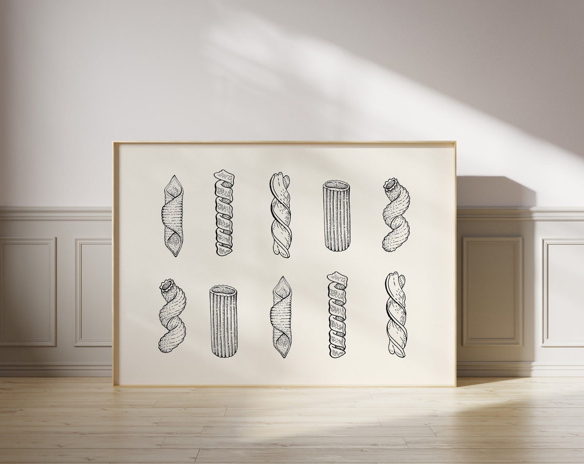 Pasta Shapes Illustrated Italian Food Sketch Vintage Kitchen Wall Art