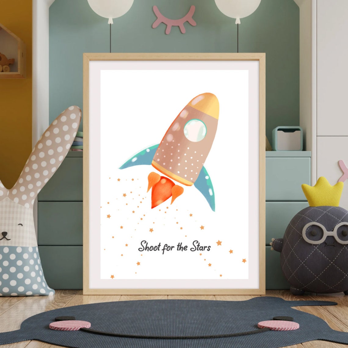 Rocket Ship Nursery Poster with Shoot for the Stars Space Caption