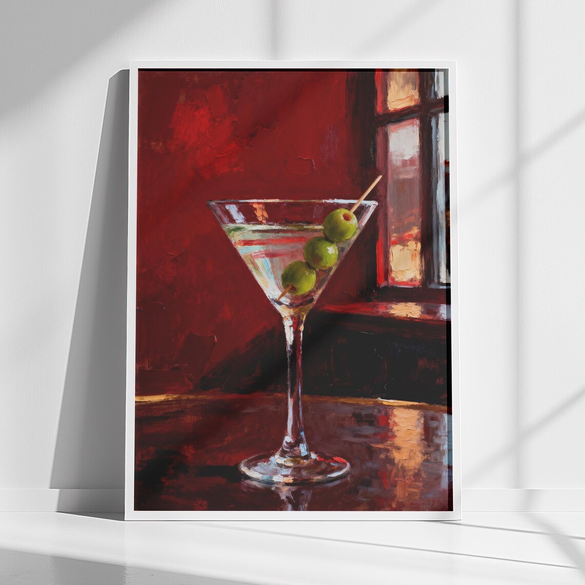 Red Martini Cocktail Glass Olive Oil Painting Bar Decor Poster