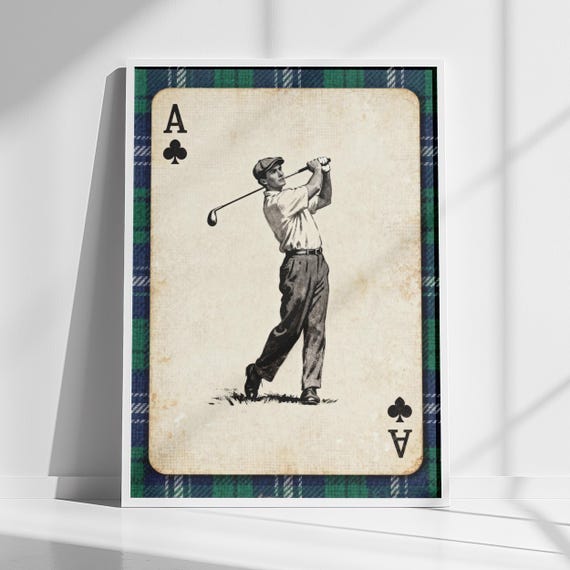 Golf Wall Art Retro Golfer Playing Card Navy Plaid Print Instant