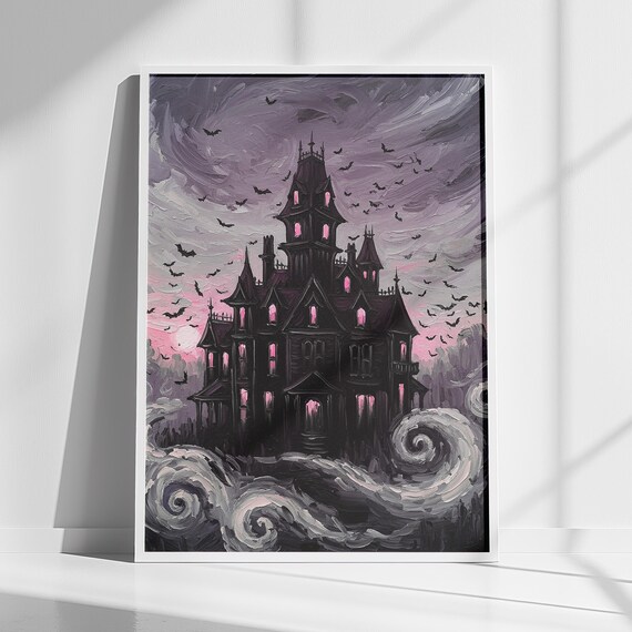 Halloween Wall Art Girly Pink Haunted House Print For Girls Room Instant