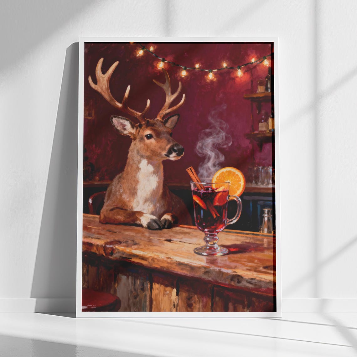 Deer at Christmas Bar with Mulled Wine Funny Animal Art Poster
