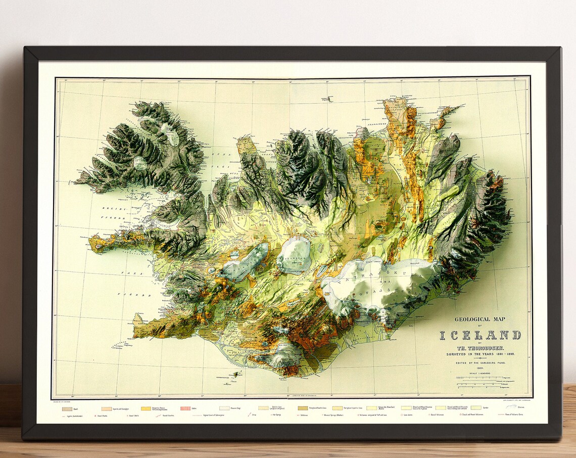 Geological Map Of Iceland Thoroddsen 1881 1898 Vintage Relief Poster