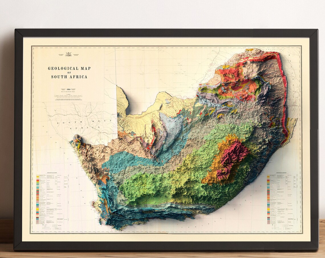 South Africa 1954 Geological Map Colorful Terrain Relief Poster