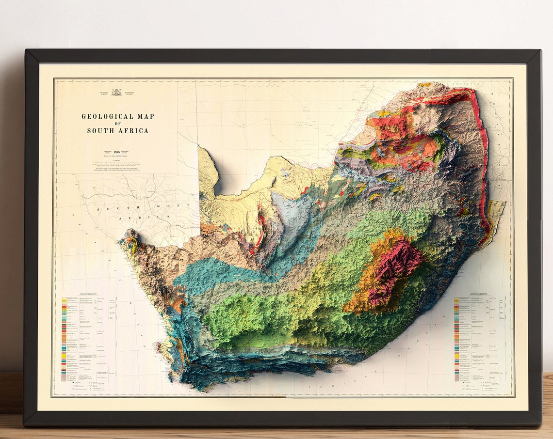 South Africa Map South Africa Relief Map South Africa Vintage Map South Africa Print South Africa Wall Decor South Africa Art