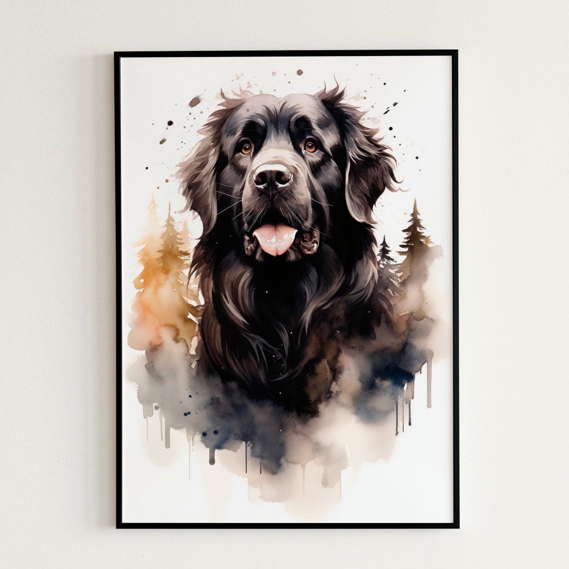 Newfoundland Dog Watercolor Portrait Black Puppy Pet Art Poster